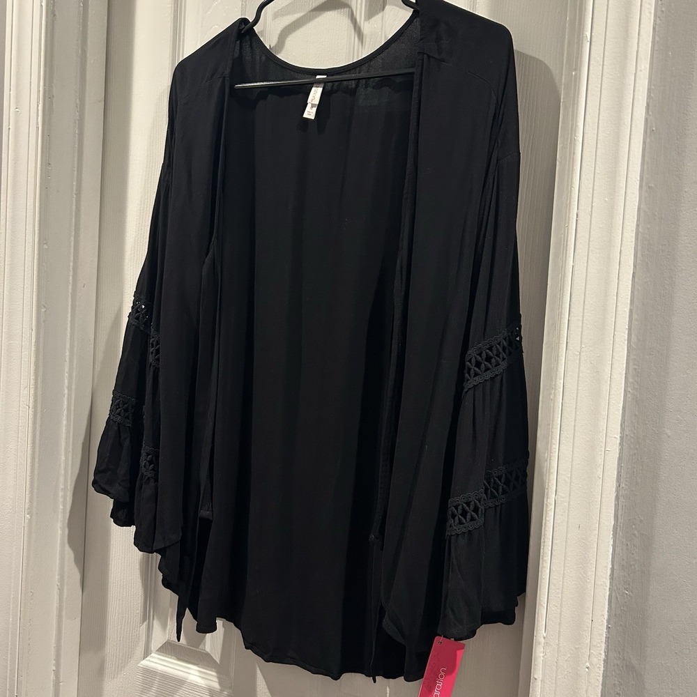 Xhilaration Womens Medium Black Boho Bell Sleeve Front Tie Blouse